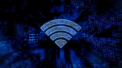 Wireless Technology Concept with wifi symbol against a Futuristic, Blue Digital Grid background. Network Tech Wallpaper. 3D Render 