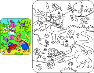 Rabbits with a wheelbarrow_coloring page