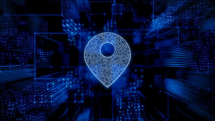 Location Technology Concept with map pin symbol against a Futuristic, Blue Digital Grid background. Network Tech Wallpaper. 3D Render 