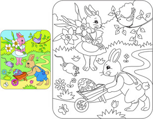 Tytuł: Rabbits with a wheelbarrow_coloring pages