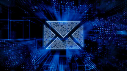 Email Technology Concept with Envelope symbol against a Futuristic, Blue Digital Grid background. Network Tech Wallpaper. 3D Render 