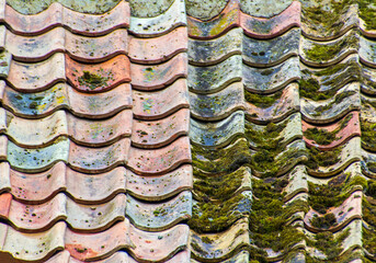Terracotta tiled roof half clean and half moss covered.