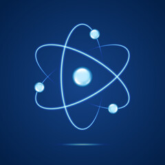 Atom icon. Neon light atomic neutron. Atom blue color. Nuclear atom. 3d cell nucleus. Molecule fusion. Orbit spin. Proton core symbol. Ion element. Science physics. Energy core. Vector illustration - obrazy, fototapety, plakaty