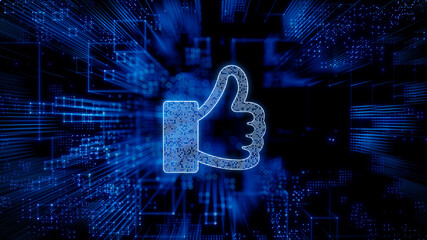 Social Media Technology Concept with like symbol against a Futuristic, Blue Digital Grid background. Network Tech Wallpaper. 3D Render 