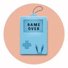 Blue tamogchi on a coral background with the inscription.