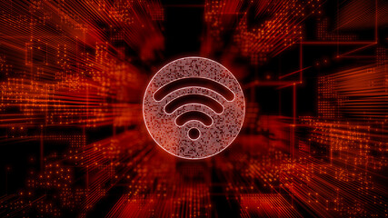 Wireless Technology Concept with wifi symbol against a Futuristic, Orange Digital Grid background. Network Tech Wallpaper. 3D Render 
