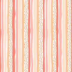 Seamless feminine pattern with hand drawn multicolored wavy stripes with ragged edges and tiny spots