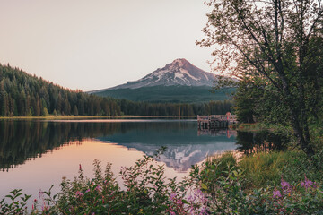 Landscape of the gorgeous sunrise glow on the peak of Mount Hood and the perfect glass reflections, summer wildflowers and the dock over Lake Trillium in Mount Hood National Forest, Oregon, USA.