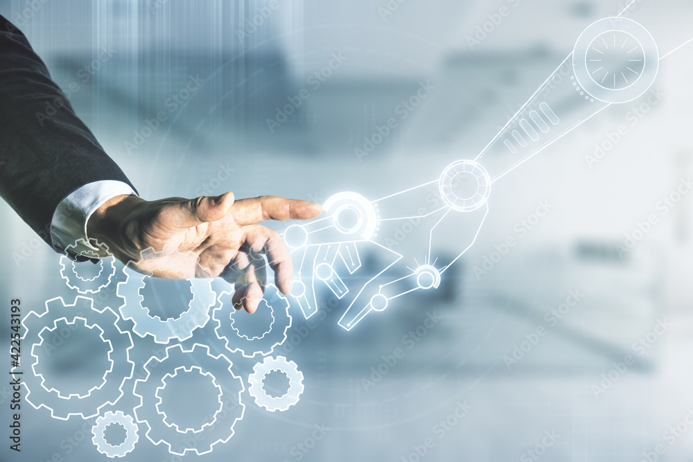 Aufkleber man hand clicks on abstract virtual robotics technology hologram on blurred office background. robot