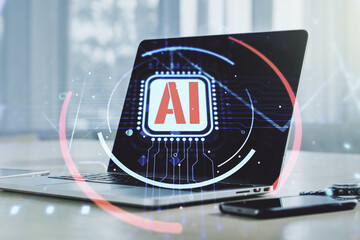 Double exposure of creative artificial Intelligence abbreviation with computer on background....
