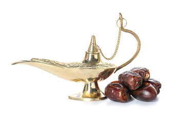 Fototapeta na wymiar Aladdin lamp of wishes and sweet dates on white background