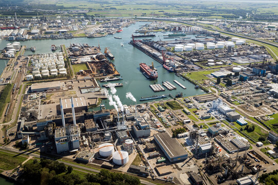 Port of Rotterdam industrial harbor activity aerial view