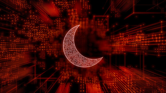 Night mode Technology Concept with moon symbol against a Futuristic, Orange Digital Grid background. Network Tech Wallpaper. 3D Render 