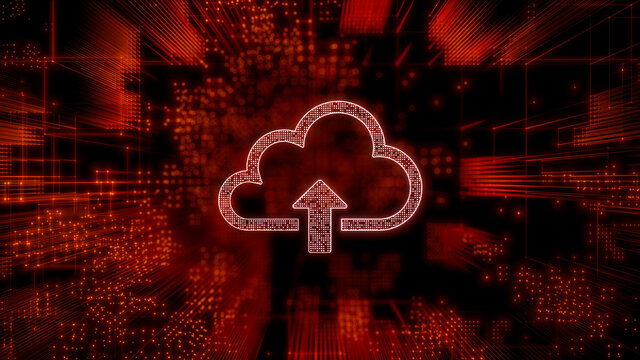 Data storage Technology Concept with cloud upload symbol against a Futuristic, Orange Digital Grid background. Network Tech Wallpaper. 3D Render 