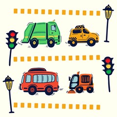 Hand drawn city cars on the road, service works. Garbage truck, taxi cab, public bus, street sweeper. Cute kids vector illustration.