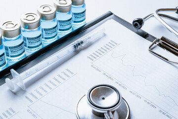 Infographic medical. Doctor stethoscope, hospital healthcare infographic charts and analytic medical statistics on hospital background. Coronavirus vaccine vial by needle syringe.