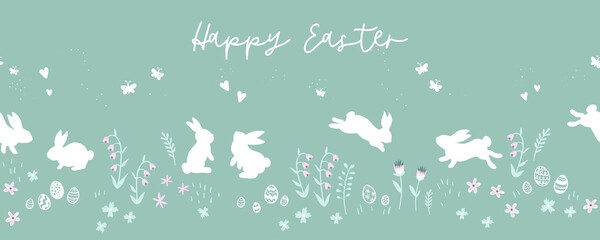 Lovely hand drawn easter bunnies seamless pattern, cute rabbits, springs flowers and easter eggs - great for textiles, banners, wallpapers, wrapping, cards - vector design