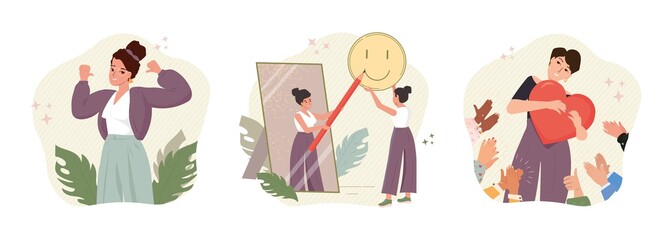 Self pride, self-acceptance, positive self-image and confidence concept vector illustration. Business woman looking in a mirror. Esteem, positive self-perception, social role, individual psychology.