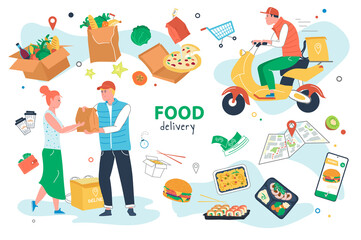 Food delivery set isolated elements. Courier gives order to customer at home. Delivery service symbols bundle - transport, packages, tracking, mobile app. Vector illustration in flat cartoon design