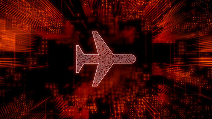 Flight Technology Concept with airplane symbol against a Futuristic, Orange Digital Grid background. Network Tech Wallpaper. 3D Render 