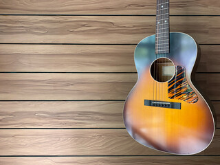 natural sunburst acoustic guitars hung on a brown ash wood grain wall in a music shop with copy...