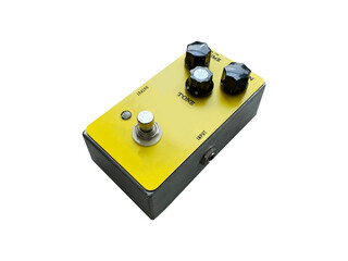 Isolated Yellow overdrive and black knob stompbox electric guitar effect on white background with...