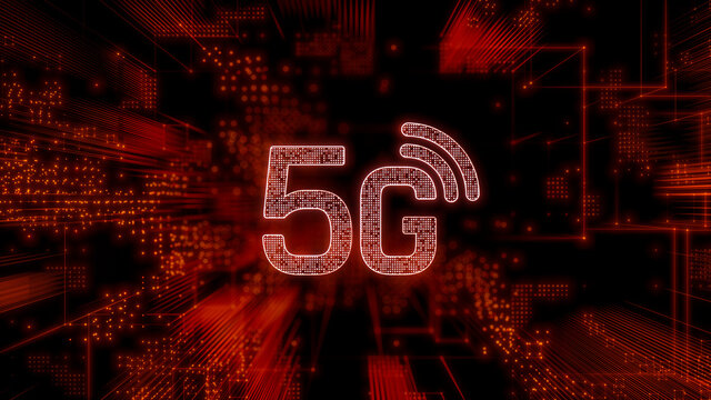 Wireless Technology Concept with 5G symbol against a Futuristic, Orange Digital Grid background. Network Tech Wallpaper. 3D Render 