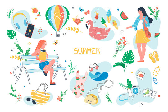 Summer set isolated elements. Women in color outfits resting on vacation. Summertime symbols bundle - swimsuit, sunglasses, ice cream, watermelon, photo. Vector illustration in flat cartoon design