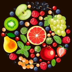 Mix of berries, grapefruit, grapes, pears and apples on a black background