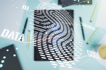 Multi exposure of abstract fingerprint scan interface and modern digital tablet on background, digital access concept