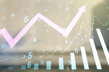Multi exposure of virtual abstract financial graph and upward arrow on blurry modern office...