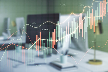 Multi exposure of abstract creative financial chart on computer background, research and analytics concept