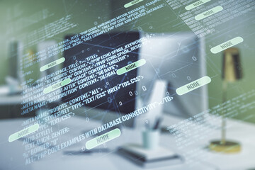 Multi exposure of abstract programming language hologram on computer background, artificial intelligence and machine learning concept