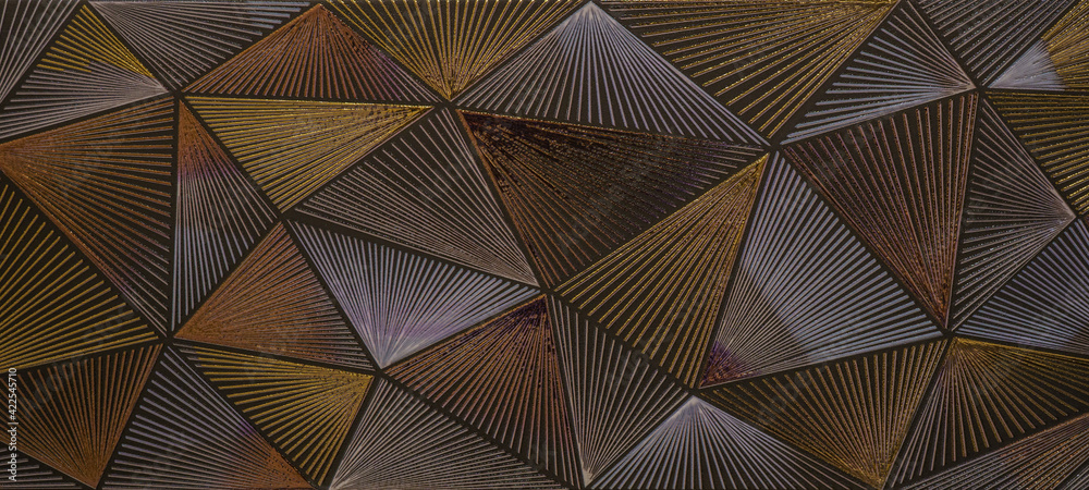 Poster abstract triangular mosaic tile wallpaper texture with geometric fluted triangles of metallic gold s