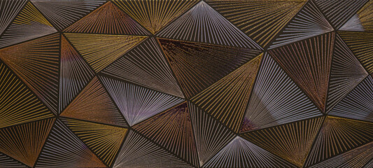 Panele Szklane  Abstrakcyjna trójkątna mozaika tapeta tekstura z geometrycznymi żłobkowanymi trójkątami metalicznego złotego srebrnego miedzianego banera tła
