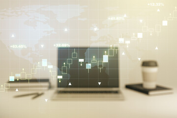 Abstract creative financial graph with world map on modern computer background, financial and trading concept. Multiexposure