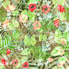 Tropical leaves. Watercolor leaves of a tree, palms, bamboo, red poppy, abstract splash. Watercolor abstract seamless background, pattern, spot, splash of paint, branch. Tropic pattern.palm leaves