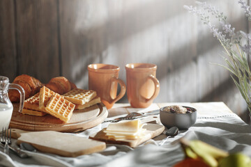 Spring morning breakfast in a country cottage under the natural sun 