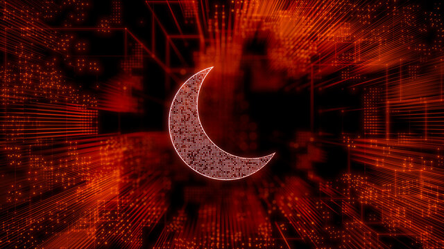 Night mode Technology Concept with moon symbol against a Futuristic, Orange Digital Grid background. Network Tech Wallpaper. 3D Render 