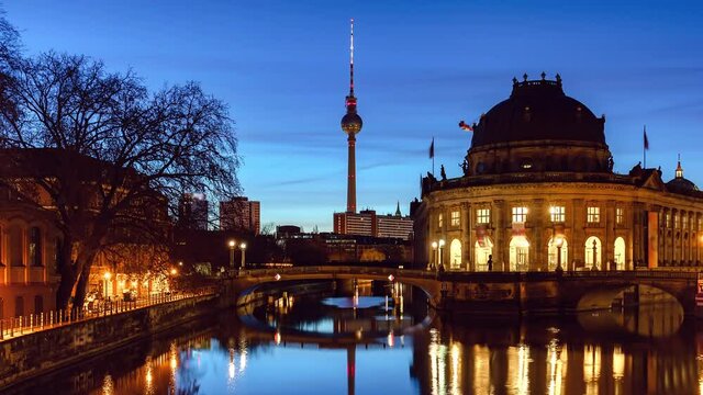Night to Day Time Lapse of Berlin Cityscape with Spree River, Berlin, Germany