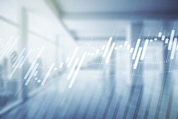 Multi exposure of abstract virtual financial graph hologram on empty corporate office background, forex and investment concept