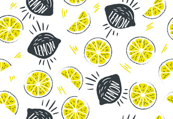 Fresh, tropical fruits, lemon. Seamless fruit background for banners, printing on fabric, labels, printing on T-shirts. Children's drawing in cartoon style, black outline, pen, pencil-04