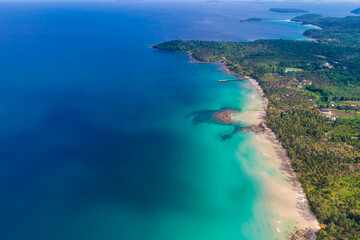 Aerial view sea beach with coconut palm tree