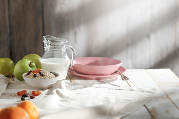 Spring morning breakfast in a country cottage under the natural sun 
