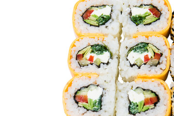 Sushi rolls with cheese, rice, nori and avocado isolate on white copy space