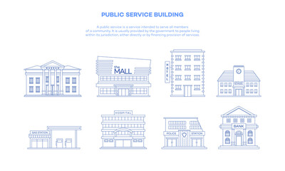 Collection of vector illustrations of public service building. Suitable for design element from architecture, public services, urban information center, and important building. Building line icon set.