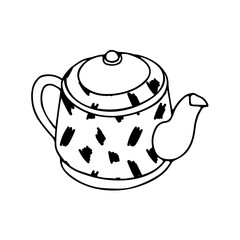 Black hand drawing illustration of a metal or clay kettle with abstract pattern and hot water for tea or coffee isolated on a white background