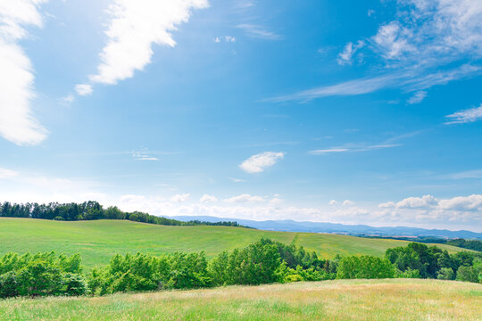 晴れた日の美瑛の丘と青空  北海道美瑛町の観光イメージ