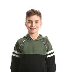 Happy little boy on white background