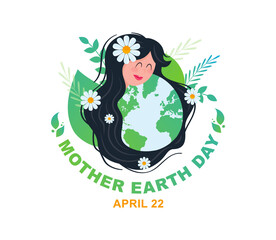 Mother earth day. Poster with planet, nature and beauty woman.